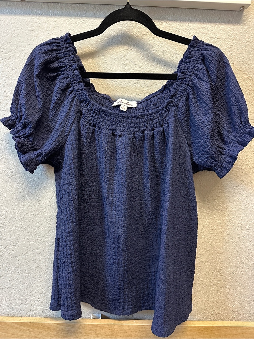 Blue Smocked Neck Puff Sleeve Top